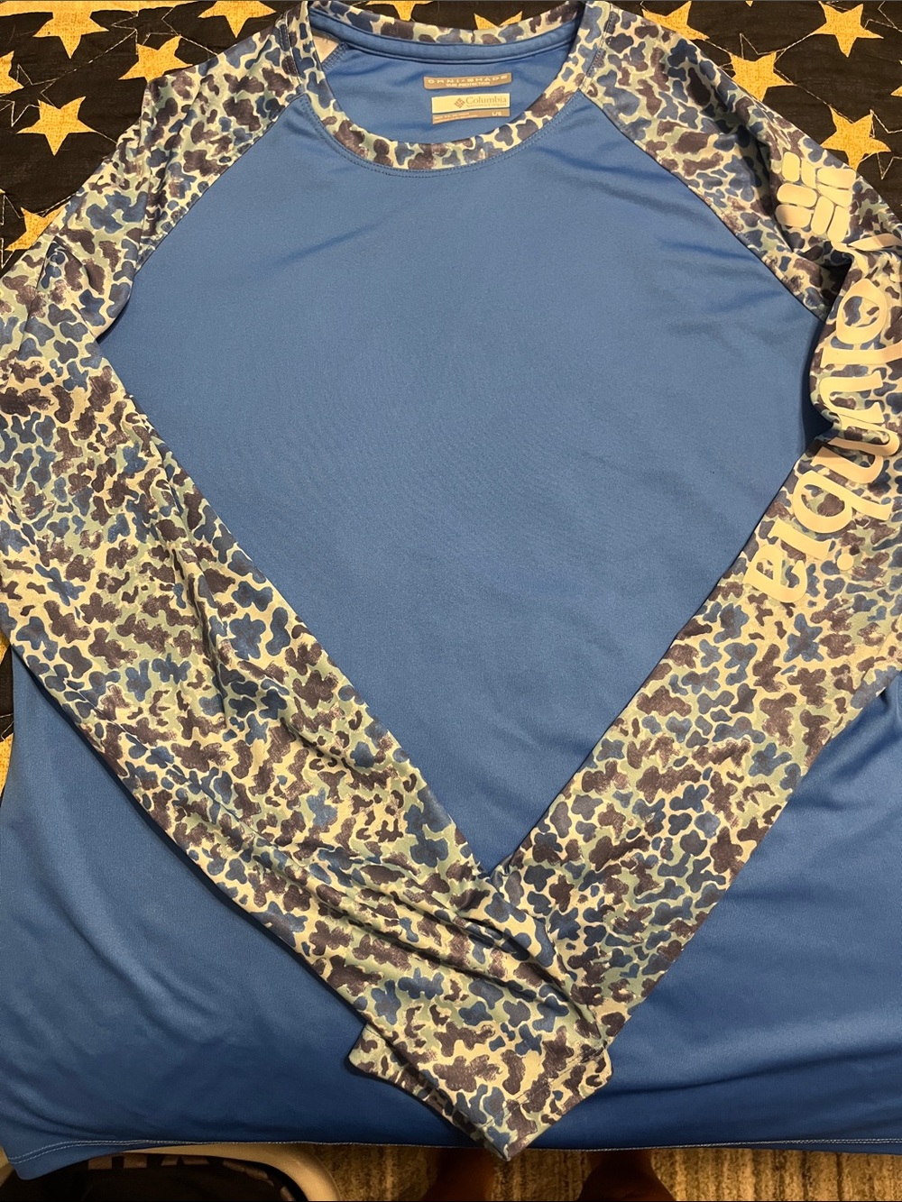 Columbia Blue Long-Sleeve Performance Tee with Camo Sleeves